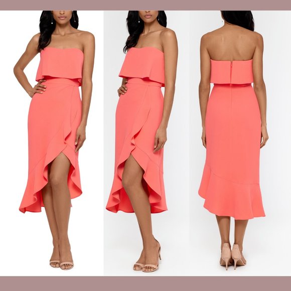 NWT | XSCAPE‎ Strapless Bustier Ruffle Skirt Midi Dress Coral High Low Size 8 - Picture 1 of 6